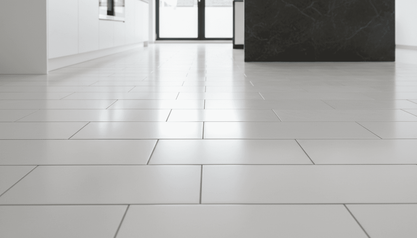 Completed kitchen floor tiling with professional finish