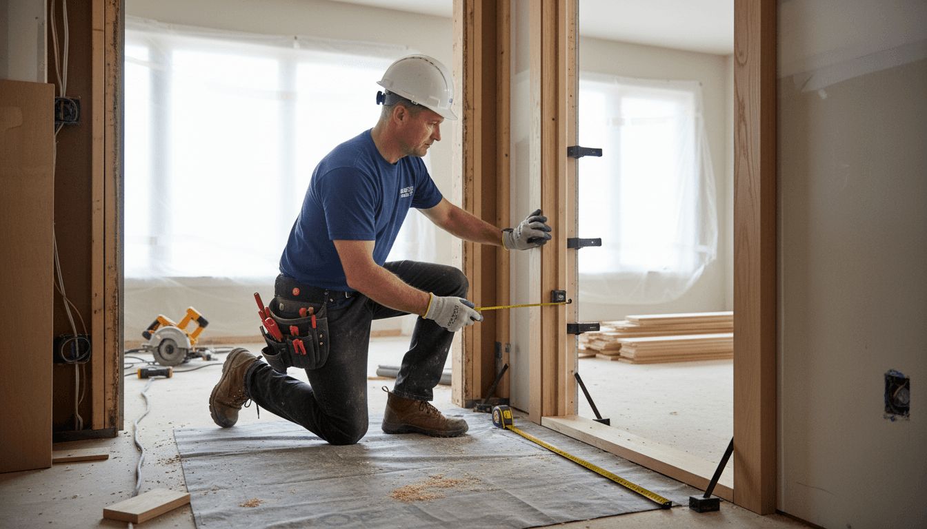 Construction professional installing door frame during home renovation