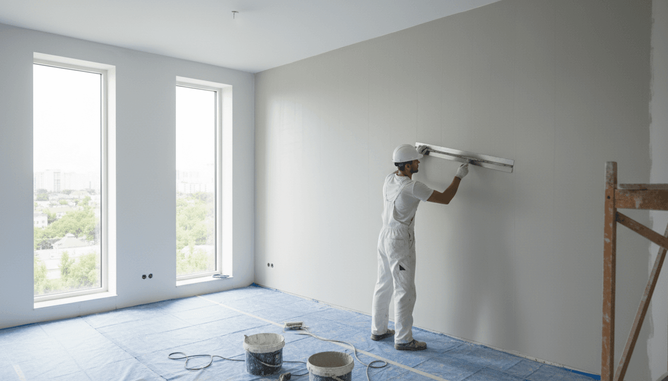 IYAZ Construction plasterer finishing interior wall with precision