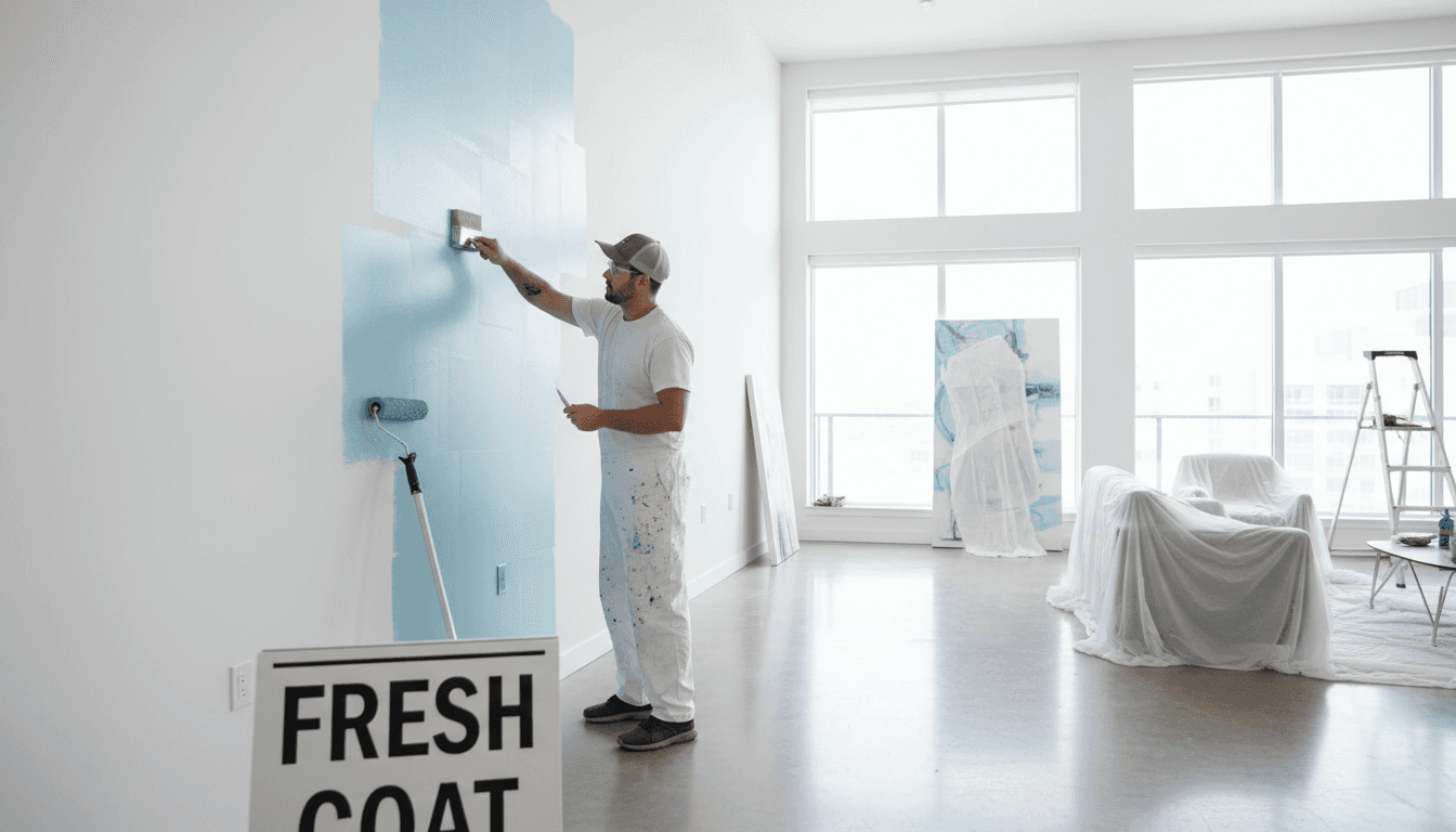 Professional painter applying fresh interior paint to wall