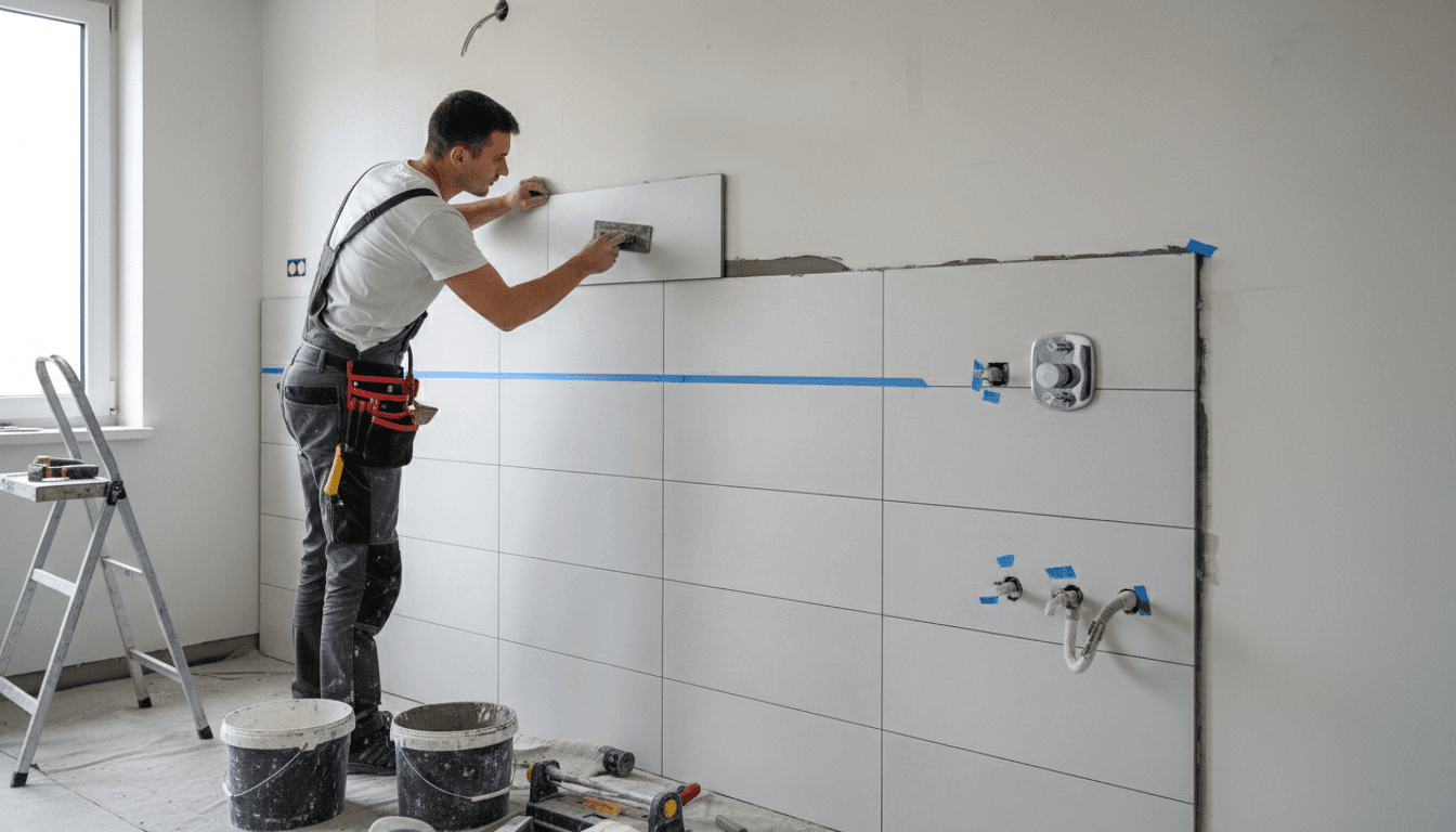 Professional tiler installing bathroom tiles with expert precision