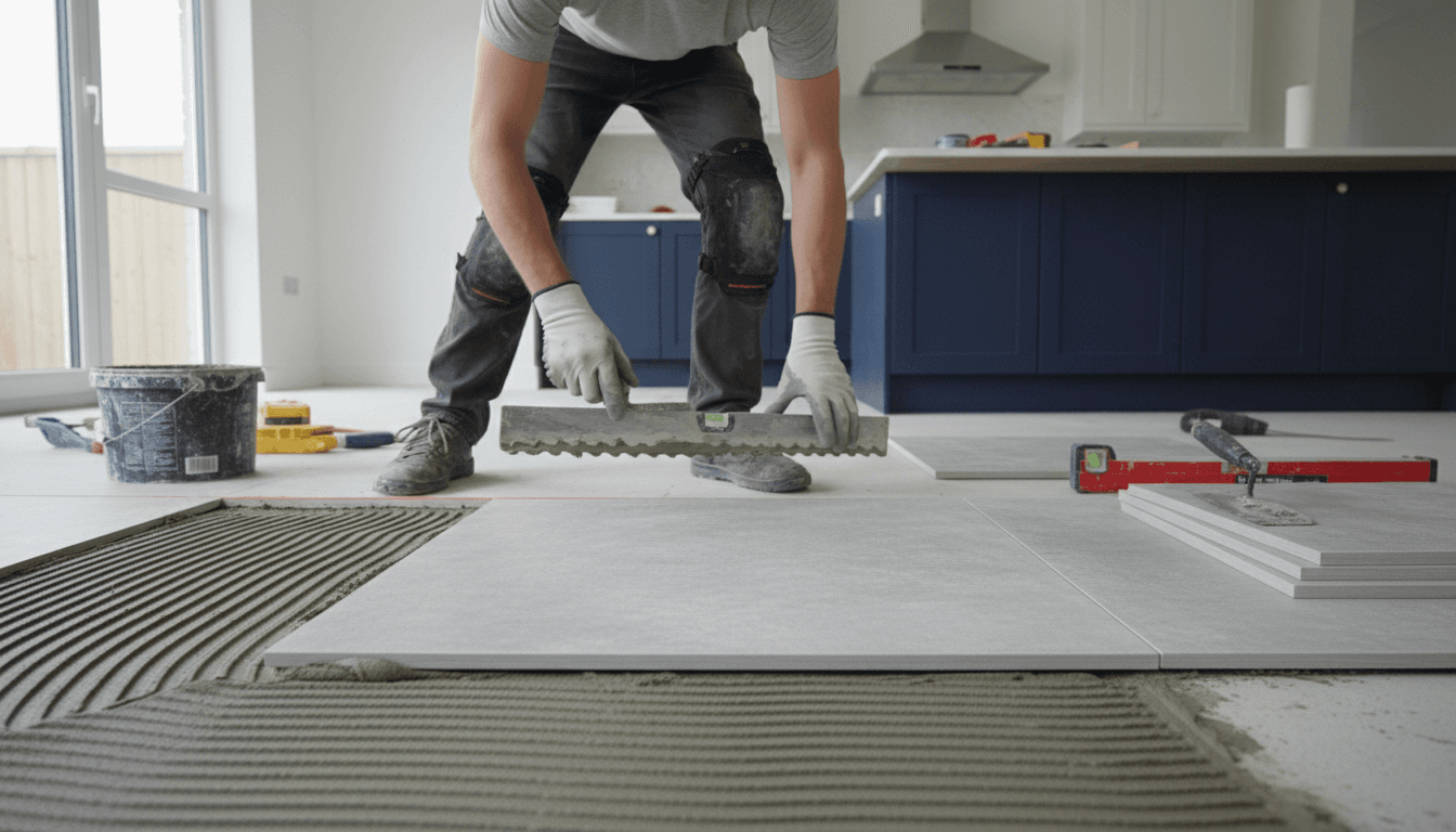 Skilled tradesperson laying tiles during kitchen renovation