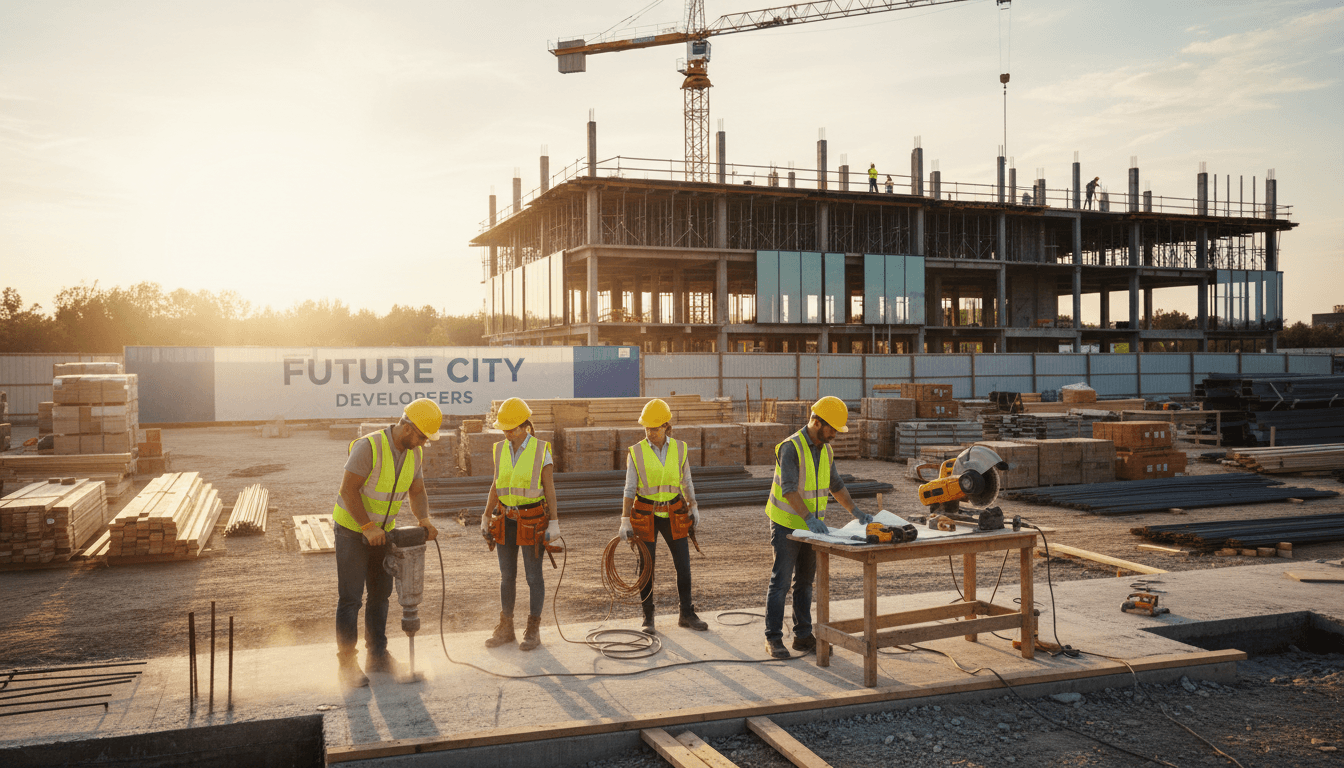 Construction workers collaborating on a building project in Manchester