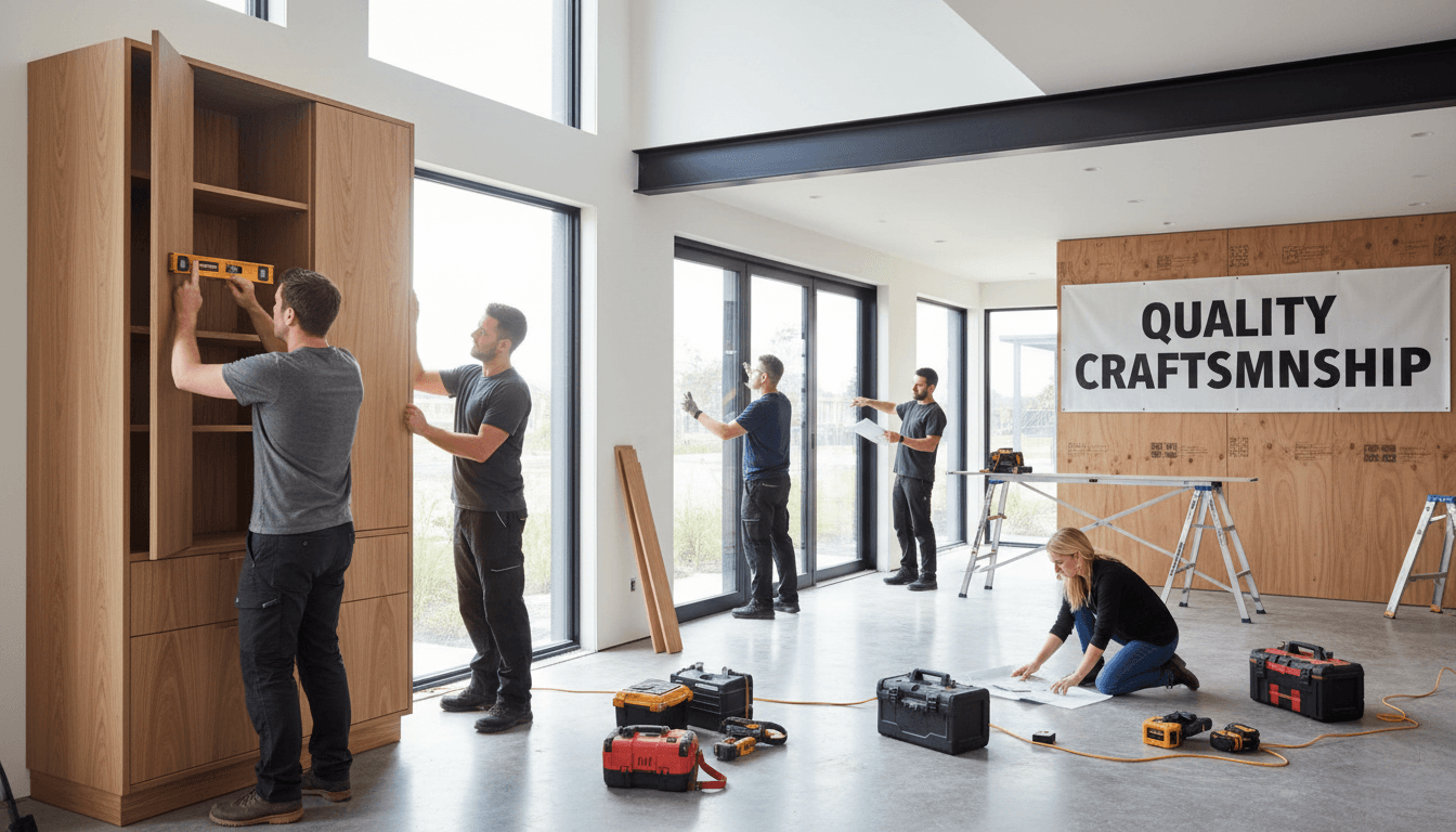 Skilled construction workers completing interior renovation work with precision and care