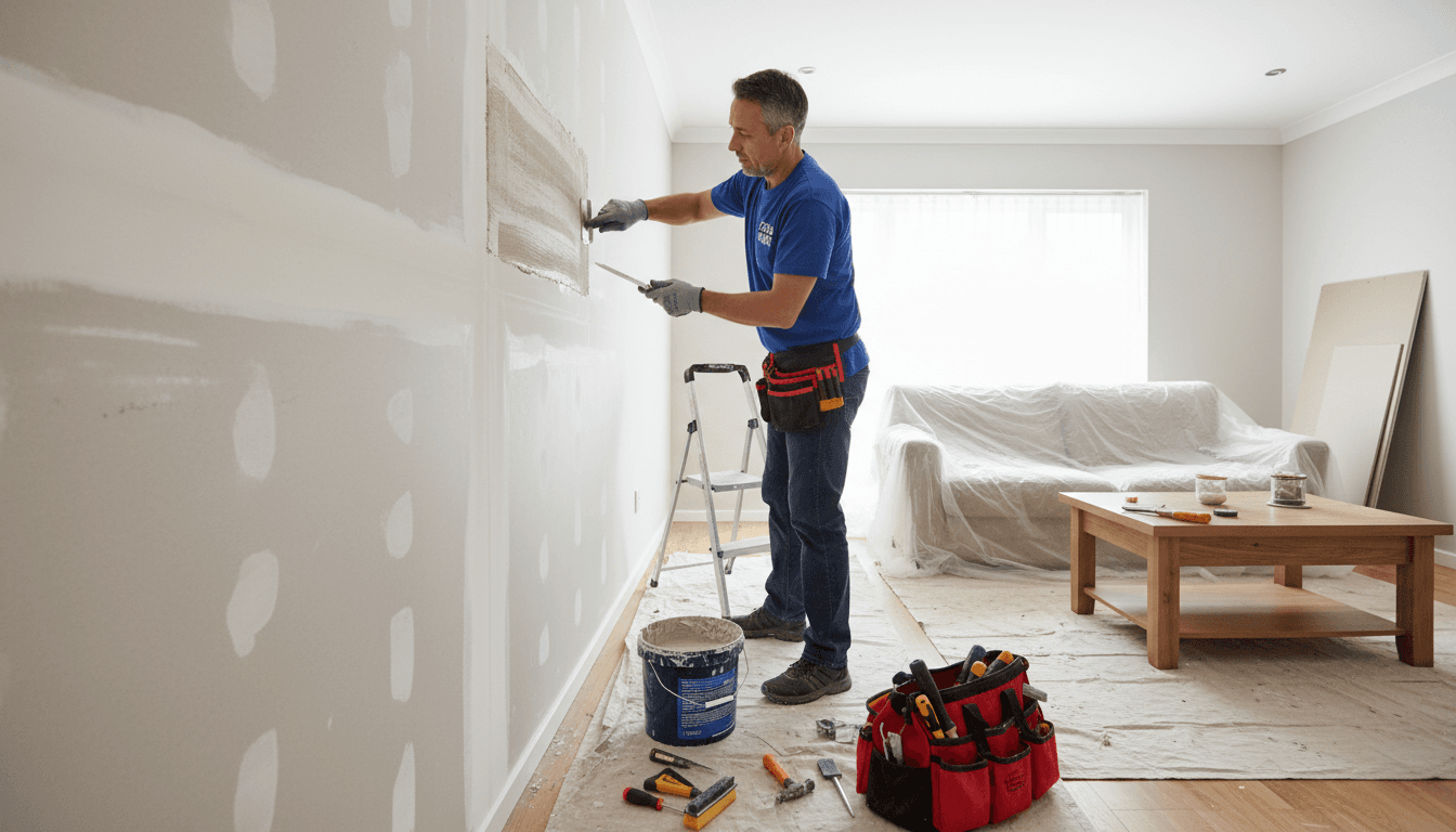 Professional handyman completing wall repairs in a Manchester home
