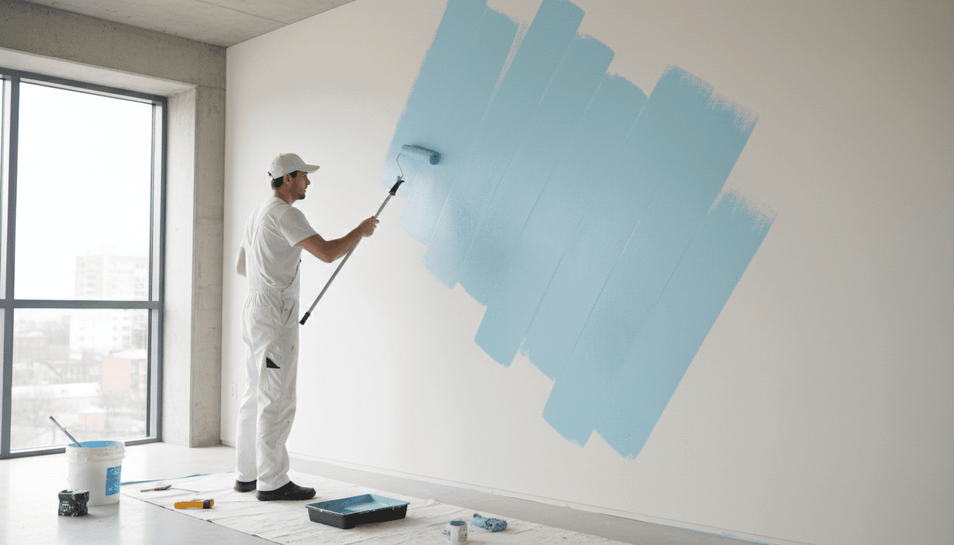 Professional painter in Manchester applying fresh paint to interior wall with modern technique