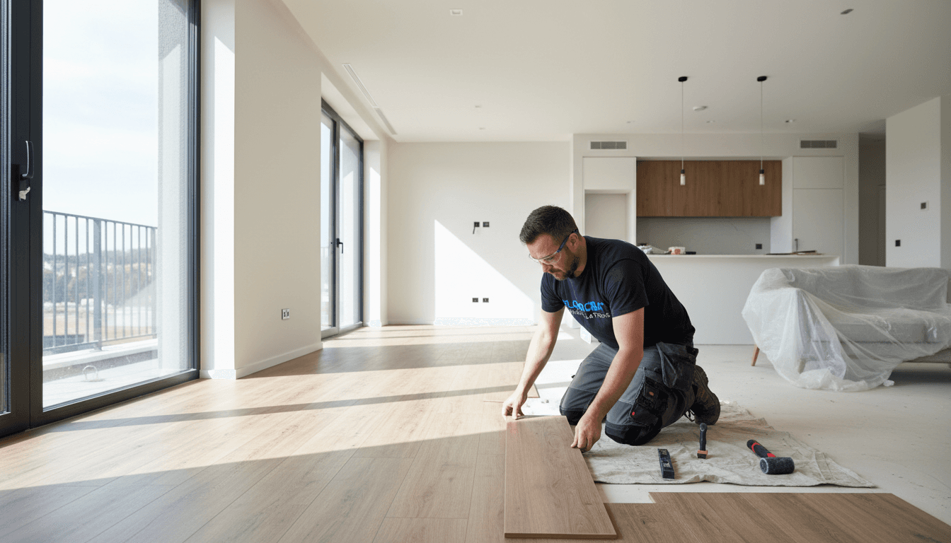 Professional flooring installation in progress