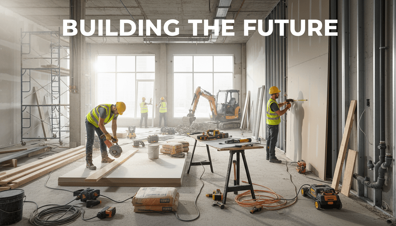 Construction workers on a Manchester building site preparing for renovation work