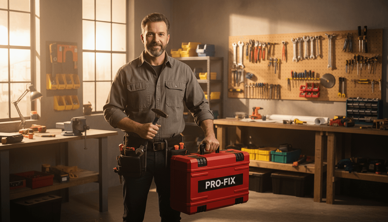 Handyman displaying tools and expertise in professional workshop