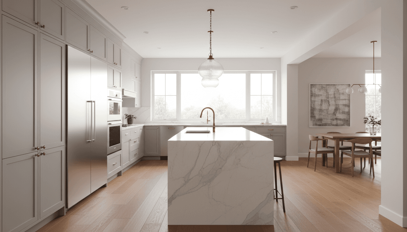 Modern kitchen renovation with marble countertops and white cabinetry